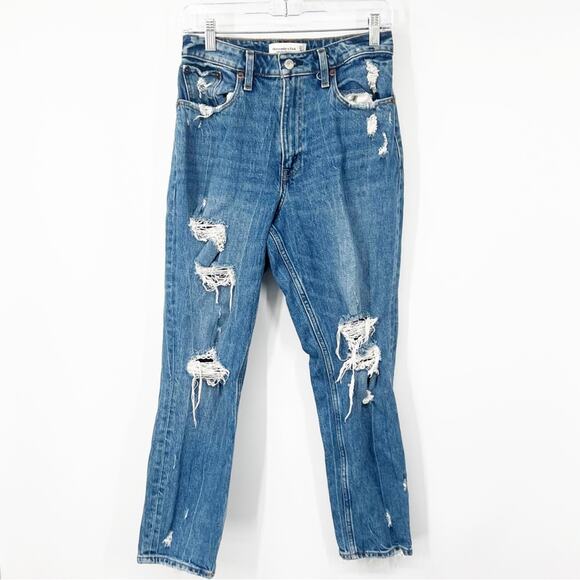 Abercrombie & Fitch Curve Love High Rise Mom Jeans Distressed - Picture 1 of 7